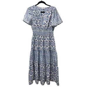 Women’s Blue Patterned Maxi Dress - Smocked Waist
